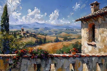  Landscape Oil painting in moody vintage farmhouse  style features view from the French balcony of Tuscany  wall art, digital art prints, home decor