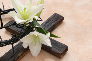 Wall Mural - White lilies, crown of thorns and cross on light background