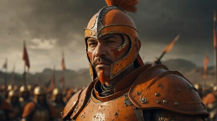 Wall Mural - a orange theme warrior general with armor portrait on middle of a battle ground fight from Generative AI