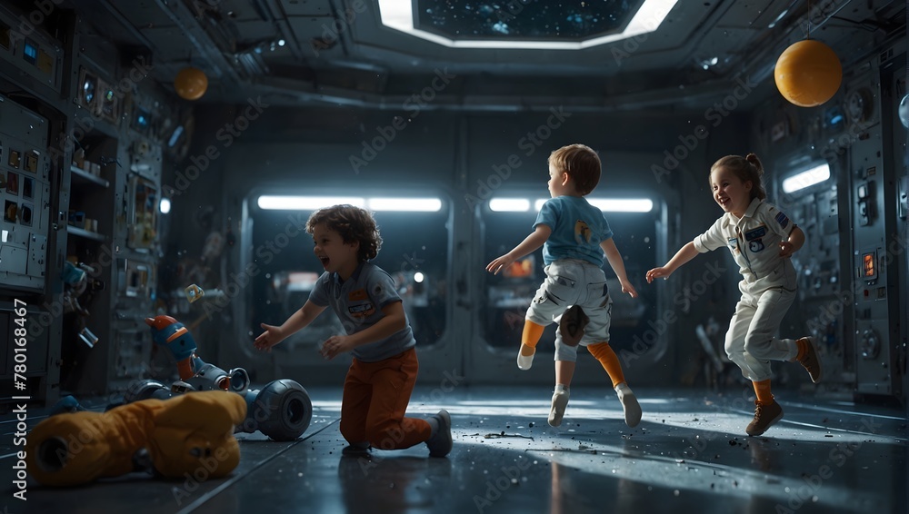 An imaginative scene of children playing in zero gravity inside a space ...