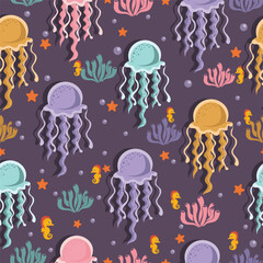 jellyfish seamless pattern in flat vector