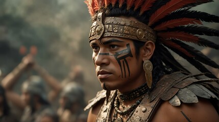 Wall Mural - an aztec warrior portrait on middle of a battle ground fight from Generative AI