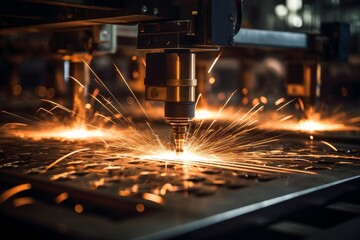 A laser cutting manufacturing machine cuts metal into patterns in operation with sparking light. Generative AI.