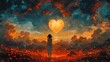 Painting illustration girl silhouette on sunset with Heart or love in the sky with clouds