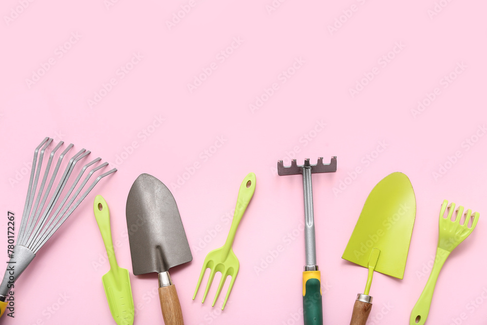 Gardening supplies on lilac background. Top view