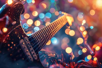 Music holiday composition with close up electronic guitar on blurred concert background with bokeh effect.