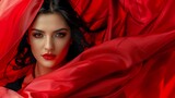 Fototapeta Perspektywa 3d - A portrait of a beautiful Albanian woman highlighted by the vibrant colors of the Albanian flag. Albanian woman of natural beauty in feeling of national pride.