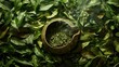 A mesmerizing array of green, juicy yerba mate leaves encircling a traditional steaming calabash gourd, in perfect harmony
