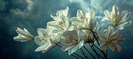 Wall Mural - A Radiant Cluster of White Lilies Majestically Soaring, Illuminating the Scene with Timeless Beauty and Serenity, Capturing Nature's Poetic Symphony in a Harmonious Dance of Light and Petals