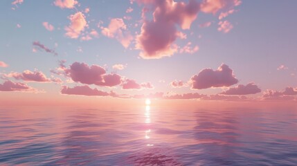 Wall Mural - Cirrus clouds tinted pink by the sun at sunset over a calm blue ocean