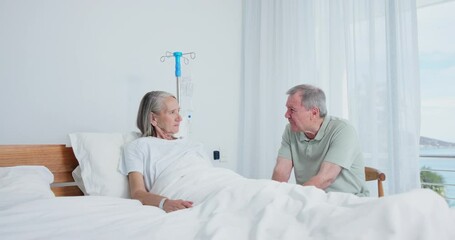 Sticker - Senior, conversation and couple in hospital bed for visit, support and communication together with sick wife. Elderly man, woman and talking in clinic for wellness, medical or healthcare for recovery