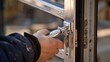 Close-up on a locksmith installing a panic latch, emphasizing the precision in repair and replacement services for door security