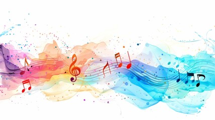 Abstract colorful music note wave on white - This image presents a vibrant color wave with music notes seamlessly blending art and sound in a visually appealing manner on a clean background