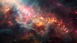 The calm stillness of space is interrupted by bursts of dazzling colors from exploding nebulae and cosmic dust clouds.