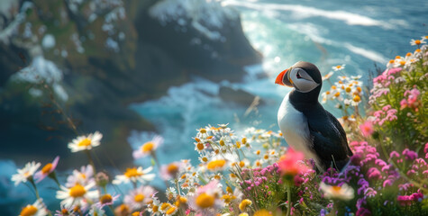 Wall Mural - A cute puffin perched on the edge of an ocean cliff, overlooking beautiful blue waters and rugged cliffs covered in wildflowers.