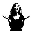 minimalist Photo of excited cheerful woman wear shirt smiling open mouth rising arms palms isolated vector black color silhouette, Black color silhouette png white background (35)