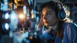 A young scientist wearing headphones stands in front of a large machine carefully adjusting its settings. Her face is lit up in anticipation as she prepares to run an experiment. .