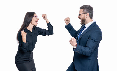 Business success celebration and fun. Business success. Two businesspeople on business successful meeting isolated on white. Successful business woman man in suit having fun. Personal success