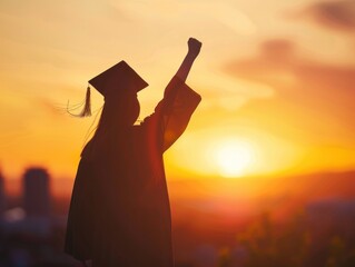 Wall Mural - A woman in a graduation cap and gown is standing in front of a sunset.
