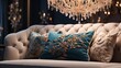 A tufted white couch with blue and gold pillows sits in front of a dark blue wall with a crystal chandelier above it.

