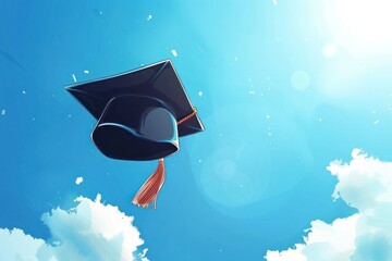 Poster - A black graduation cap with a purple and yellow tassel is flying in the sky.