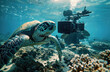 A giant sea turtle being photographed