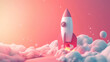 A whimsical 3D illustration of a cartoon rocket launching into a starry sky, surrounded by fluffy pink clouds.