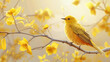A vibrant yellow bird rests amid blooming yellow flowers on a serene branch.
