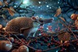 Fairy armadillo amidst floating berries, starry night, wide view, magical foraging