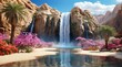 Digital Illustration of Landscape Views Desert Waterfalls with wildlife for Wallpaper 