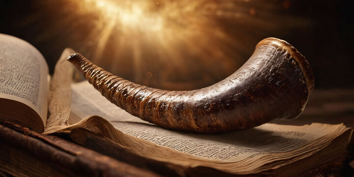 The Mystic Horn and Ancient Text. A polished shofar horn resting atop an open, aged book. The scene is illuminated by the ethereal glow of sparks, creating a mystical atmosphere 