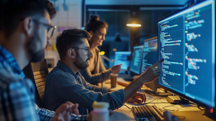 software developers or data scientists working in a team, team work concept 