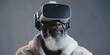 Smiling African American businessman in VR glasses sits in an office, generative ai