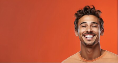 young caucasian man on plain bright orange background laughing hysterically looking at camera background banner template ad marketing concept from Generative AI