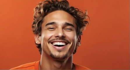 young caucasian man on plain bright orange background laughing hysterically looking at camera background banner template ad marketing concept from Generative AI