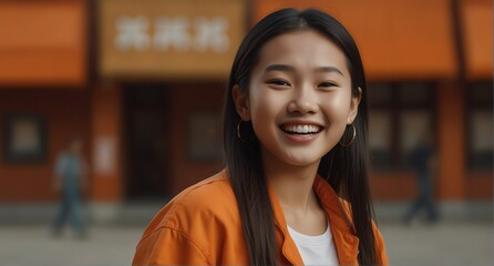 young chinese teenage girl on plain bright orange background laughing hysterically looking at camera background banner template ad marketing concept from Generative AI