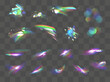 Iridescent crystal leak glare reflection effect. Optical rainbow lights, glare, leak, streak overlay. falling confetti.