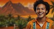 young native hawaiian teenage boy on plain bright orange background laughing hysterically looking at camera background banner template ad marketing concept from Generative AI