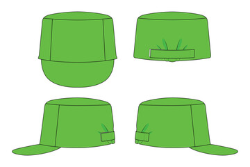 Wall Mural - Blank green factory cap with an adjustable hoop-loop strap back on a white background. Front, back, and side views, vector file.