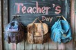 Imagem do dia dos professores, com lousa e mochilas dos alunos.