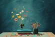 Ilustração sobre educação, mostrando uma criança escrevendo na lousa em um ambiente colorido decorado com flores, lápis e cadernos, celebrando a importância dos educadores e do aprendizado
