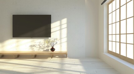 Mock up Tv shelf cabinet in modern empty room and white wall Japanese style. 3d rendering