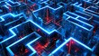AI entity traversing a maze-like structure filled with interconnected circuits and puzzles, symbolizing problem-solving and learning