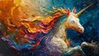 Colorful abstract of a unicorn, palette knife oil painting, on a vivid background, with dynamic highlights and strong, dramatic lighting