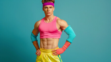 Retro 1980s Style Male Aerobics Model Wearing Bright Colorful Fitness Clothing With Copy Space