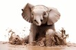 Adorable baby elephant playing in the mud, joyful expression captured in high definition, isolated on white solid background