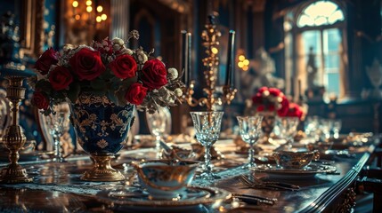 Wall Mural - depiction of a romantic dinner date concept, capturing the intricate details of a table adorned with fine china, crystal, and luxurious table settings