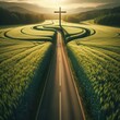 The road is in the middle of a green wheat field. Heading towards the cross of Jesus