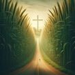 The road is in the middle of a green wheat field. Heading towards the cross of Jesus