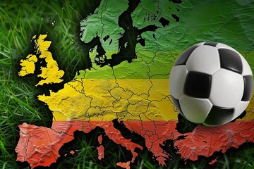 Illustration of map of Germany with the flag in colors green, red and yellow on top of it is an artificial grass field and next to it there's soccer ball